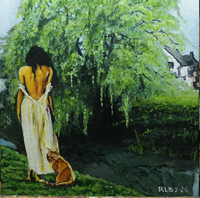 painting of woman and cat