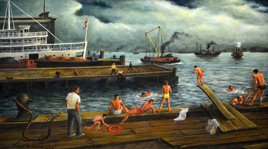 Painting by Dennis Burlingame of young men diving into a harbor off of a dock